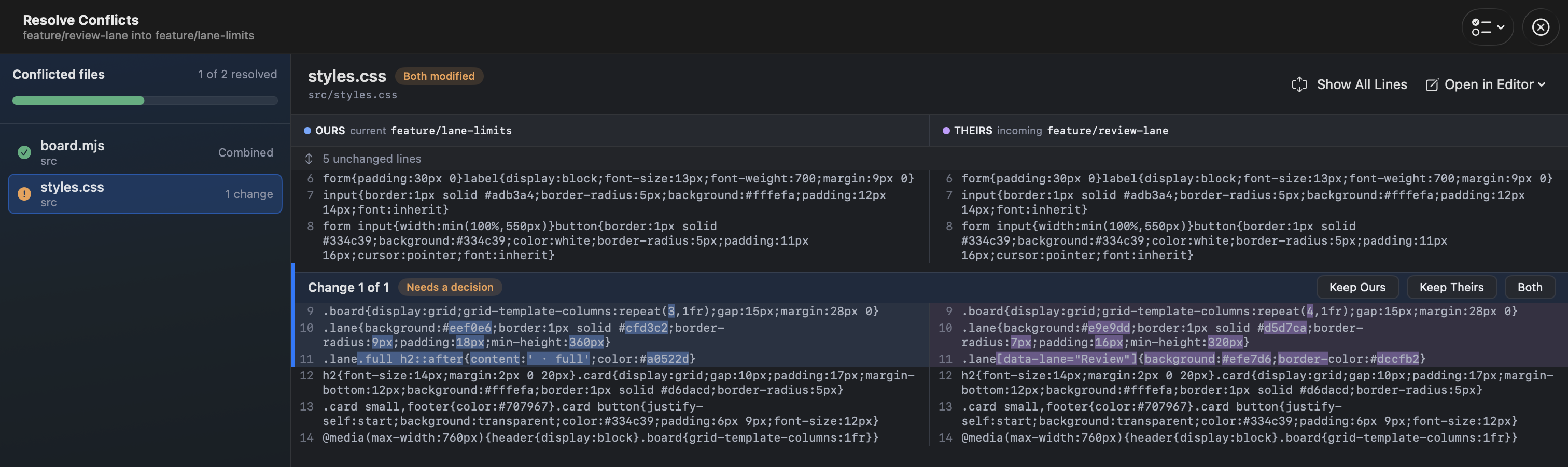 FlowTree's Resolve Conflicts window partway through a merge: board.mjs already combined, and styles.css showing its one remaining change side by side, ours and theirs, with Keep Ours, Keep Theirs, and Both.