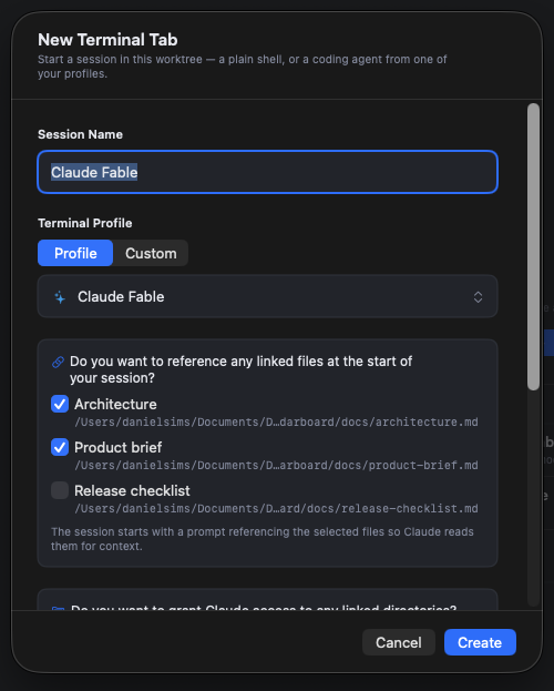 New Terminal Tab dialog with Architecture and Product brief selected as linked files for a Claude session, while Release checklist remains unselected.