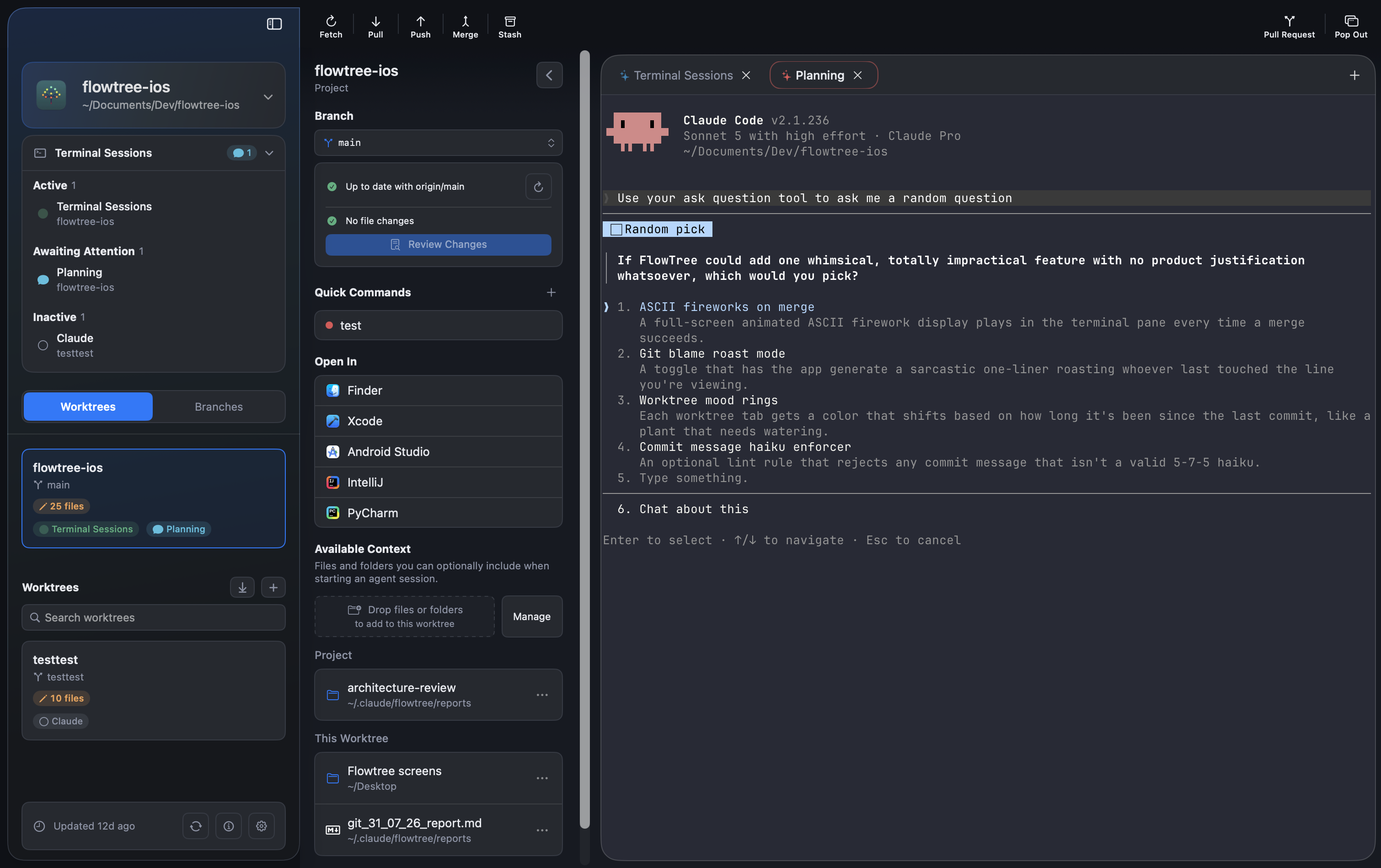 FlowTree showing several worktrees, each with its own workflow state and terminal sessions.