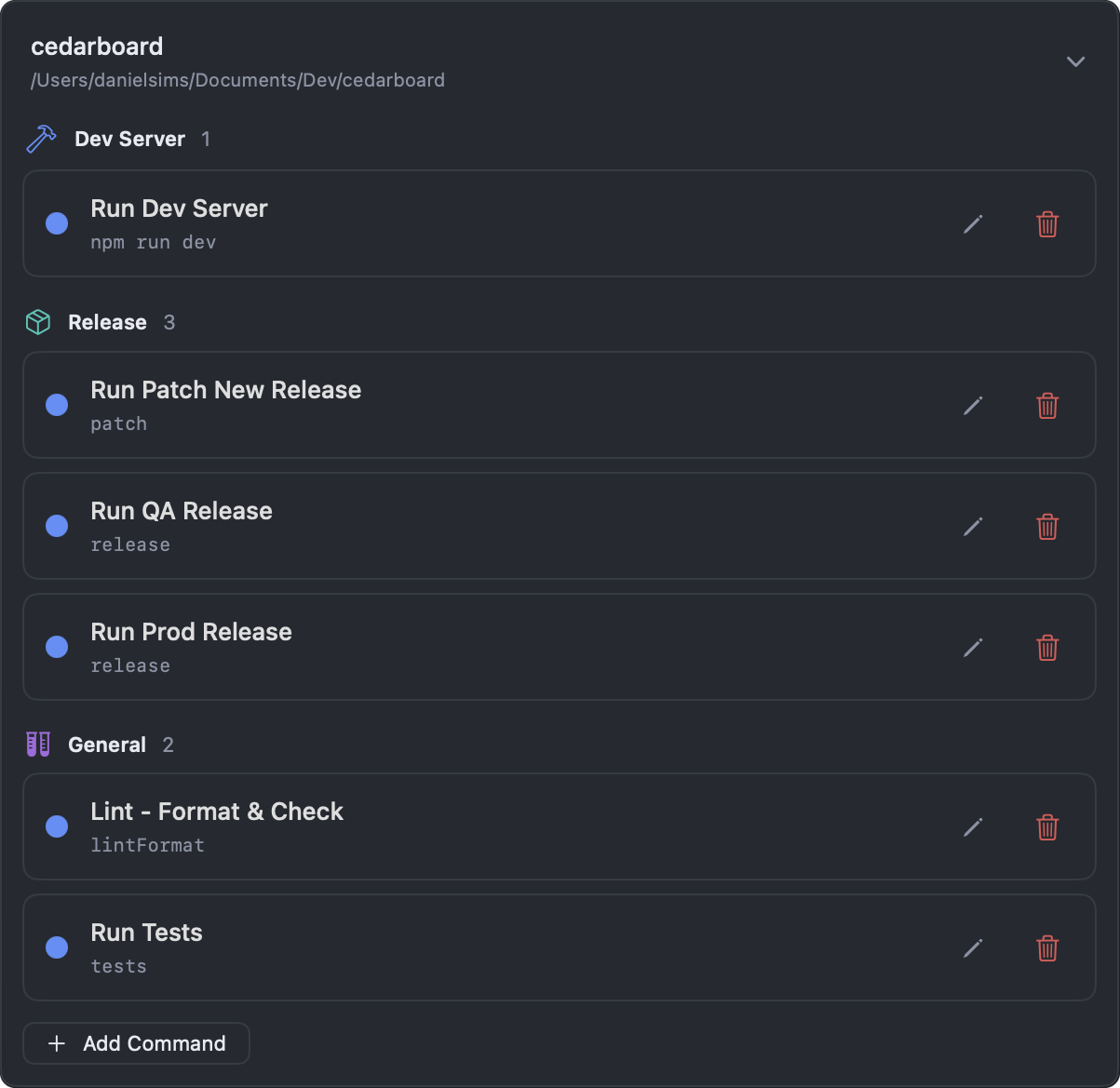Cedarboard's quick commands in Settings, grouped into Dev Server, Release, and General, each with the command it runs.