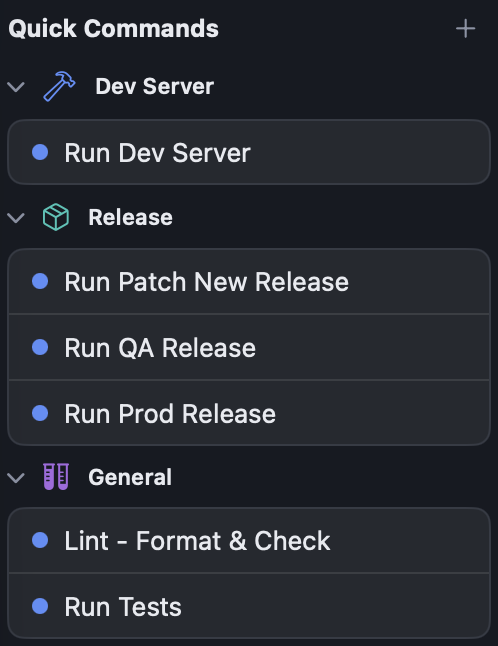 The same grouped quick commands in a worktree's sidebar, ready to launch.