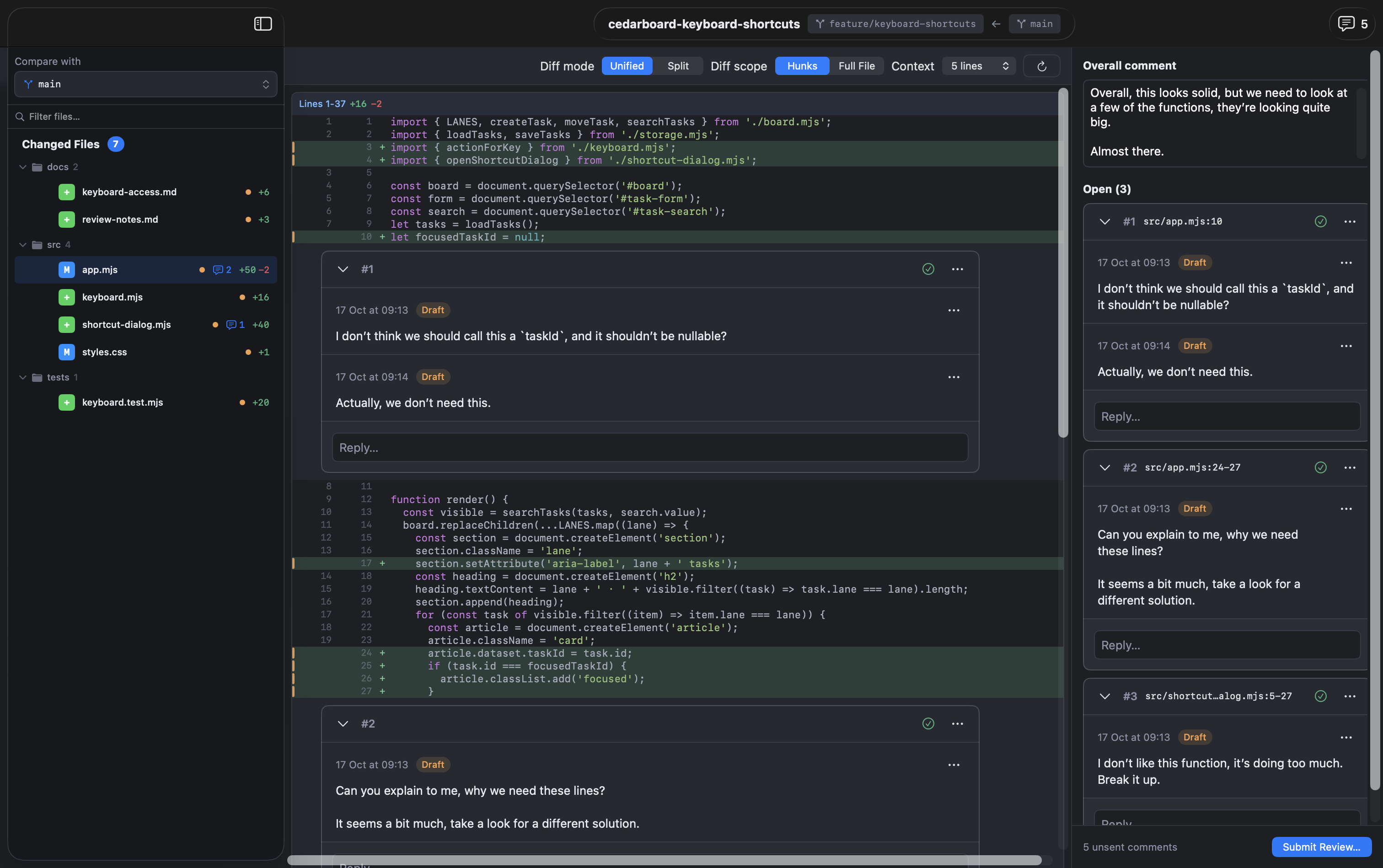 FlowTree reviewing the keyboard-shortcuts branch against main: changed files on the left, the diff with comment threads inline, and the overall comment and open threads on the right, ready to submit.