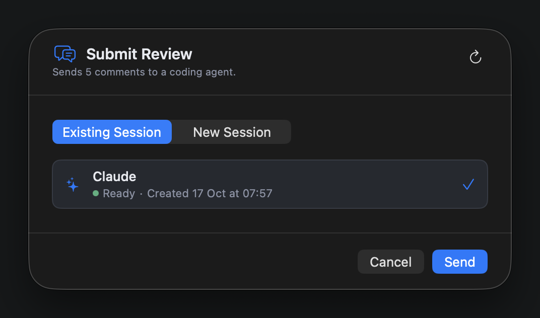 The Submit Review sheet sending five comments to a coding agent, with the worktree's Claude session selected and ready, and a choice between an existing session and a new one.