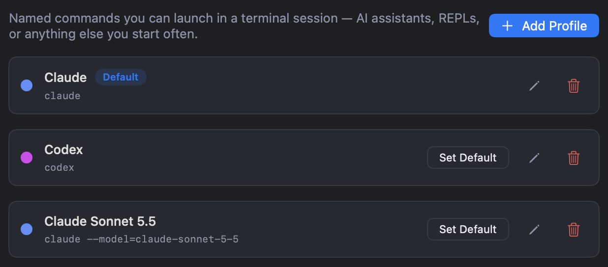 Terminal Profiles settings with three saved profiles: Claude as the default, Codex, and Claude Sonnet 5.5 started with a model flag.