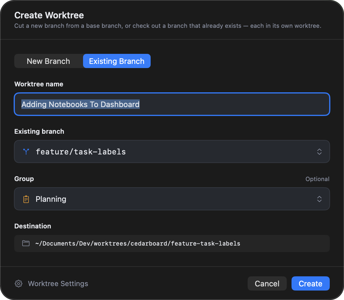 FlowTree's Create Worktree sheet with Existing Branch selected and feature/task-labels chosen, with the Planning group and the destination folder.