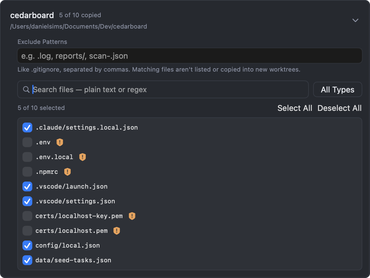 Cedarboard's Worktree Files settings: local config, editor settings, and seed data ticked to copy into new worktrees, while .env, .npmrc, and certificate files are flagged as possible secrets and left unticked.